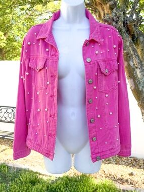 Jess Lea Pink Pearl Studded Denim Jacket Size Small